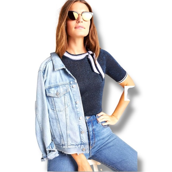 Anthropologie NUMPH Sparkly Navy with White Accents Short Sleeve Tie Collar Top - Picture 4 of 16